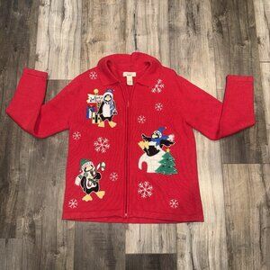 Vintage Bechamel Christmas Holiday Penguin Red Cardigan. Size Large
